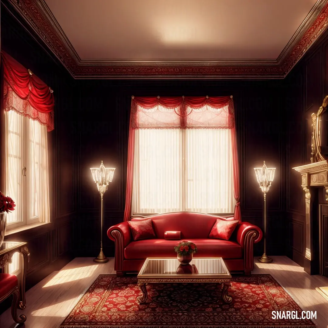 Maroon color example: Living room with a red couch and a fireplace in it's center area with a red rug