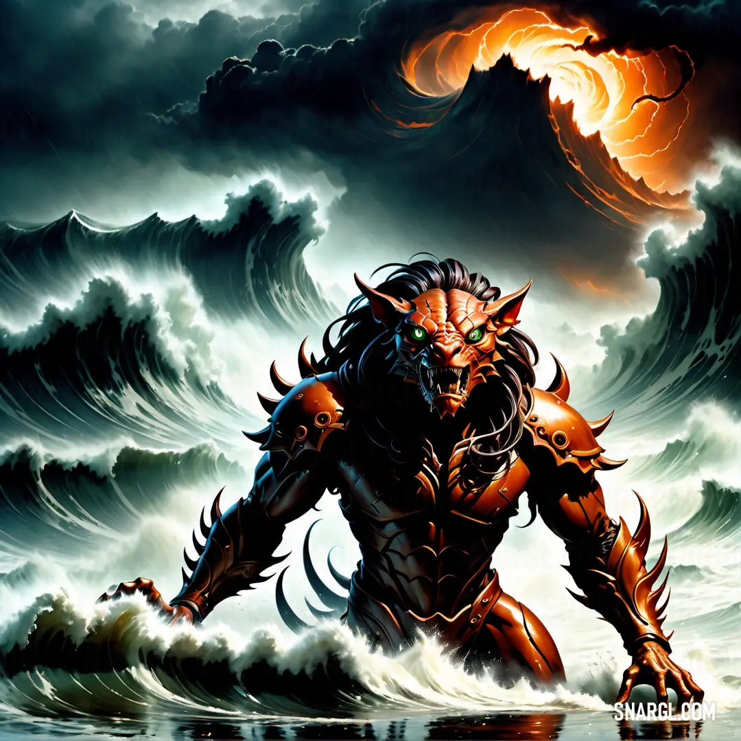 Painting of a demon in the middle of a storm with a demon on his back