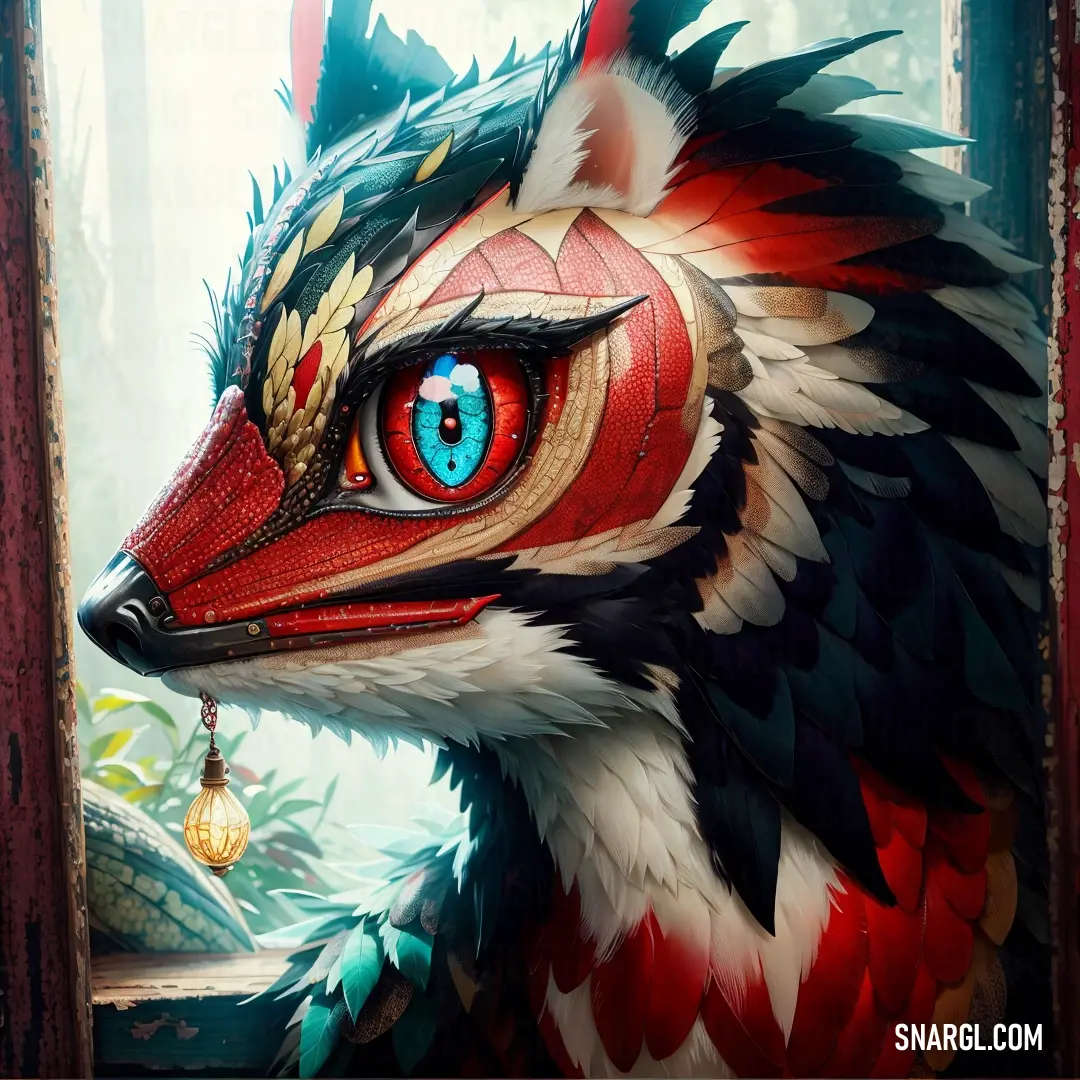 Painting of a fox with a red and black face and blue eyes and a bell hanging from its mouth