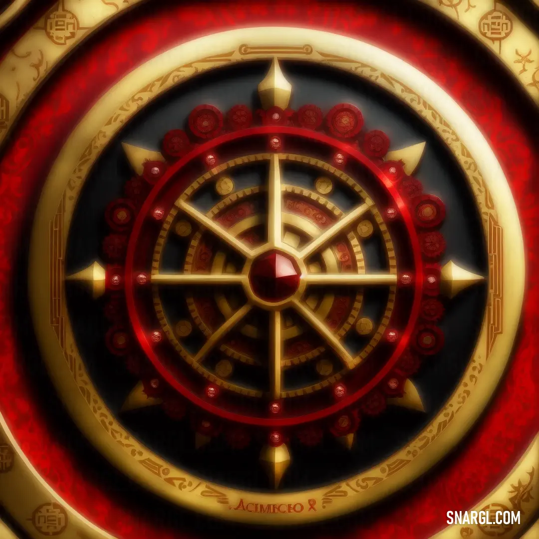 Red and gold clock with a red center surrounded by gold and red accents and a red circle