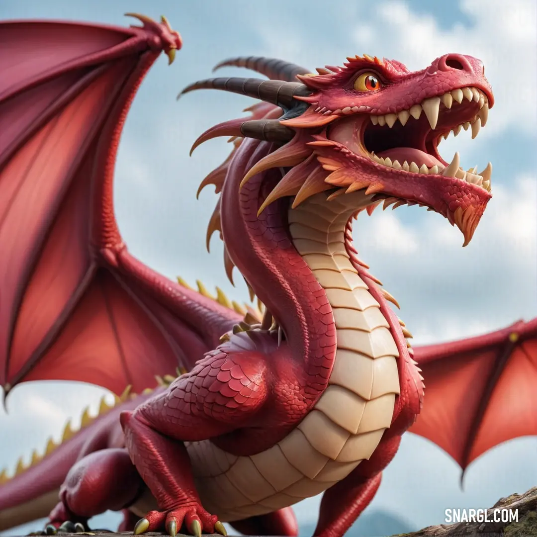 Maroon color example: Red dragon statue on top of a rock wall with its mouth open