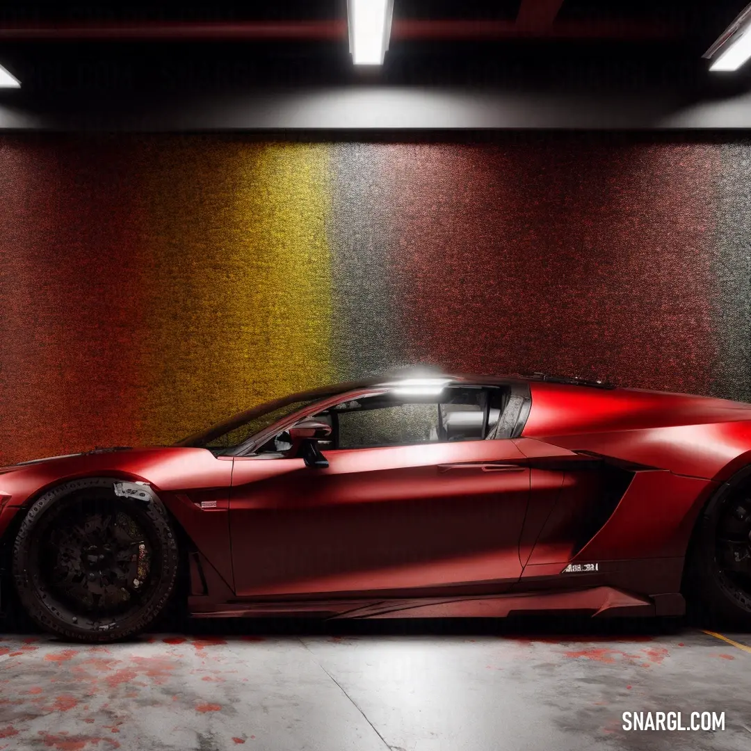 Red sports car parked in a parking garage with a rainbow painted wall behind it. Example of Maroon color.