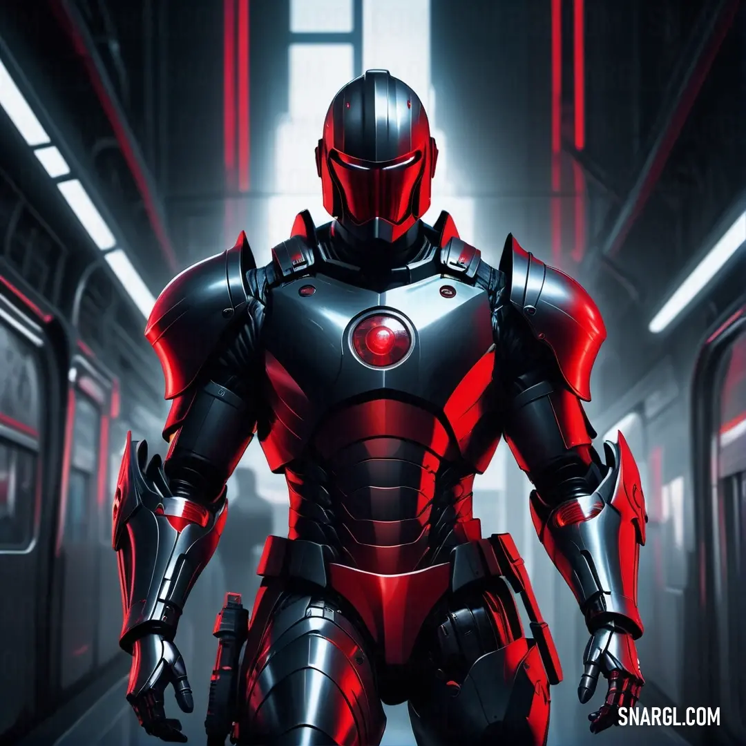 Robot in a futuristic suit standing in a hallway with red lights on the walls and a door in the background