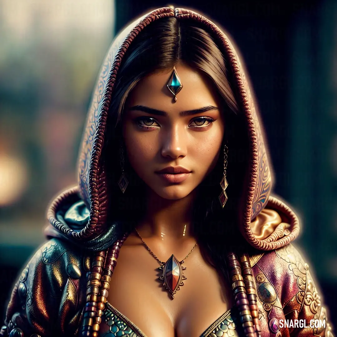 Woman with a hood on  and a necklace on her chest