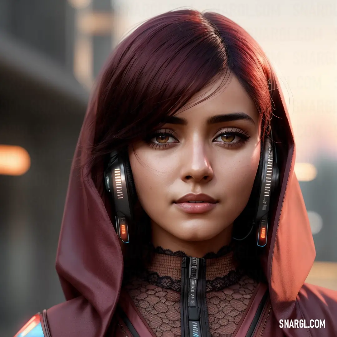 Woman with headphones on her ears and a hood on her head is looking at the camera and is wearing a red outfit