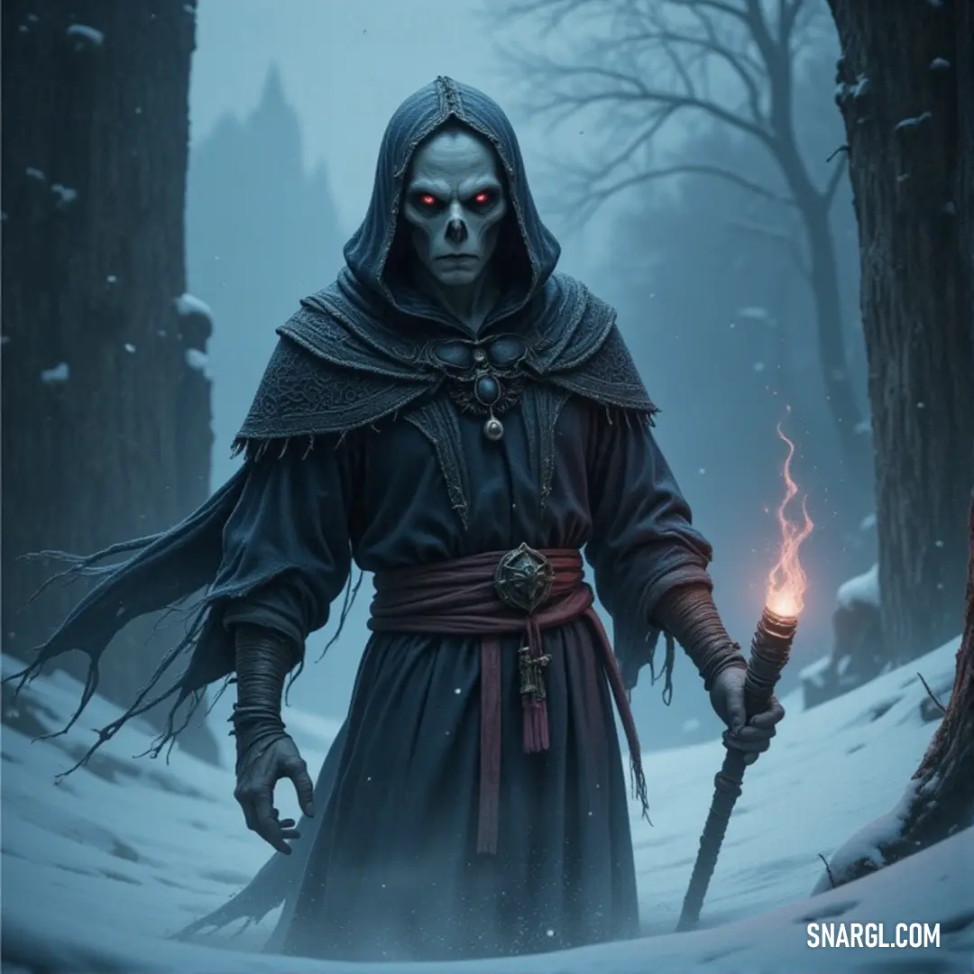 A Marrow Fiend in a dark hooded outfit holds a candle in the snow-covered woods, casting an ethereal glow against the backdrop of a dark and shadowy forest. A hooded Marrow Fiend walks through a snowy forest, holding a flickering candle in one hand. The darkness surrounds him, the trees looming in the background as his soft glow casts eerie shadows on the snow-covered ground.