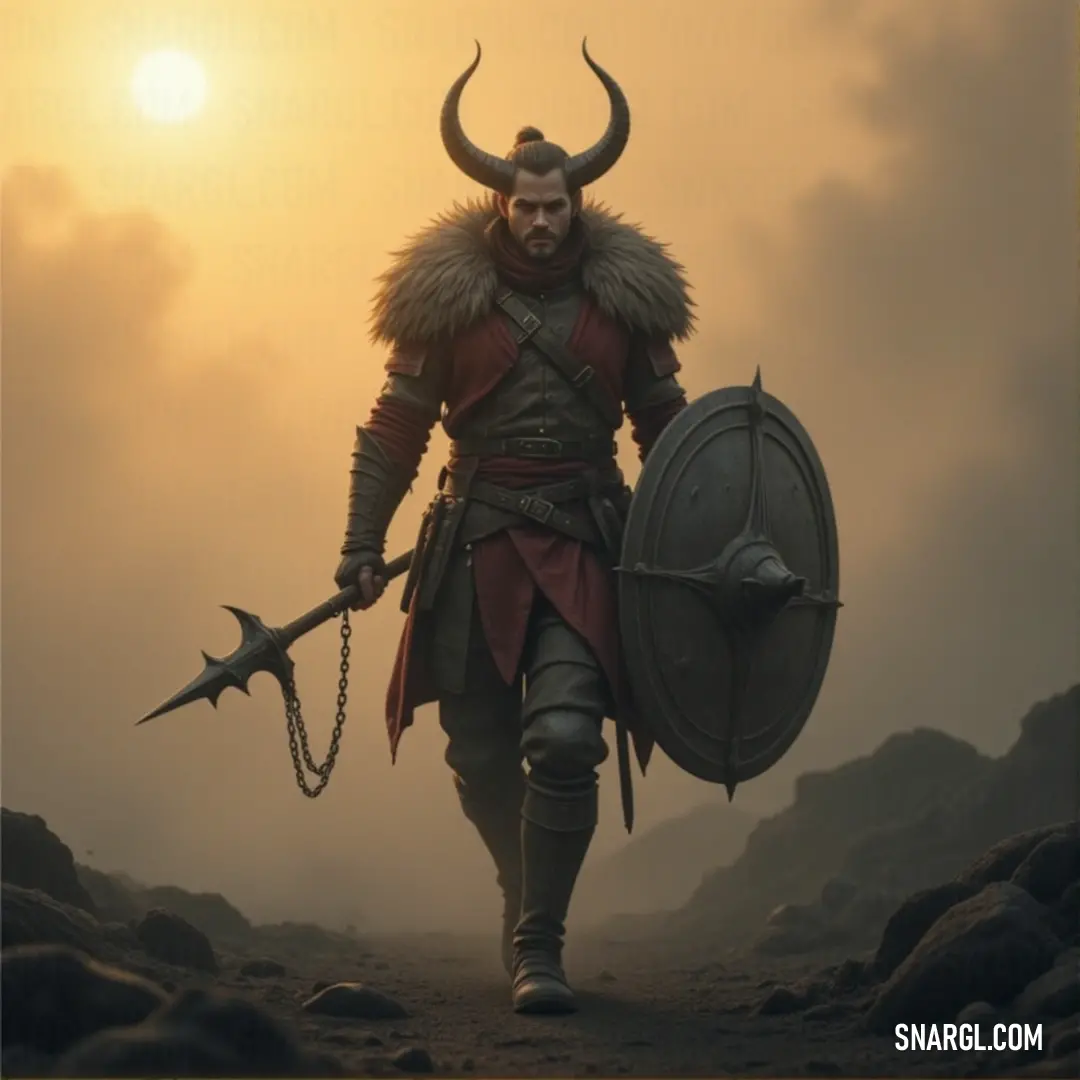 A warrior adorned in armor and sporting horns stands strong, holding a sword and shield. The powerful combination of their armor and weapons suggests a readiness for the greatest of battles.