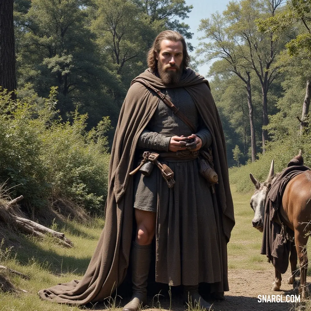 An intrepid warrior in brown beside a noble horse, set against a tranquil field backdrop. A determined warrior in earthy brown attire stands valiantly next to a majestic horse, framed by a serene field and a canopy of trees, as the bond between rider and steed speaks of shared adventures and loyalty.