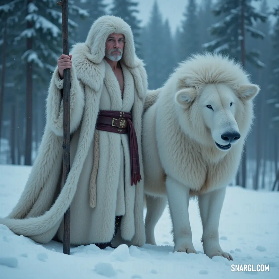 A valiant figure in a fur coat alongside a magnificent white wolf in a serene, snowy scene. A dashing figure in a luxurious fur coat stands next to a striking white wolf in a snowy landscape, staff in hand, invoking a sense of mystique and power, as snowflakes gently fall around them like delicate whispers of winter.