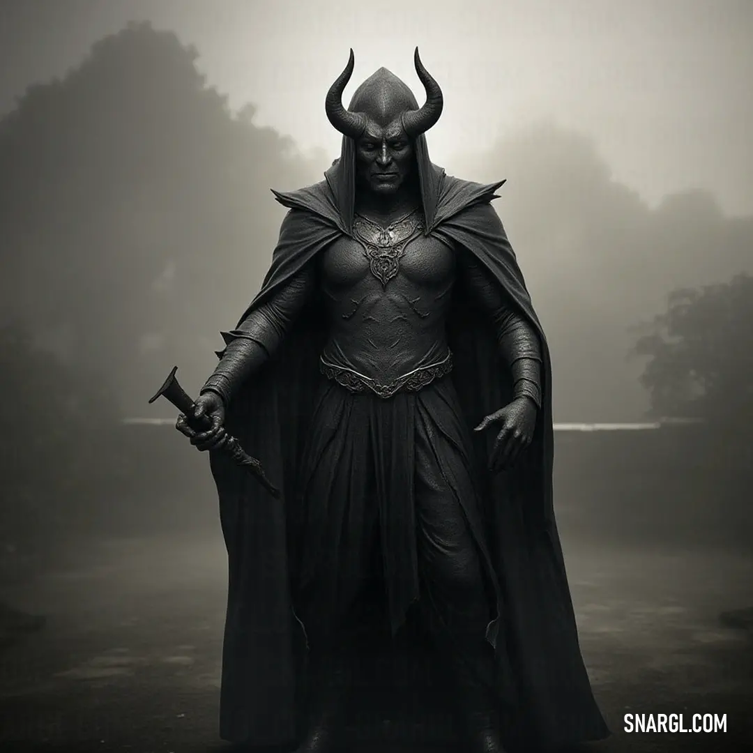 The formidable Master of Souls brandishing two knives, his horned visage expressing both menace and allure amidst the darkness. Dressed in a dark ensemble, the Master of Souls brandishes two gleaming knives, his horned visage looming in the shadows, exuding an aura of danger and despair.