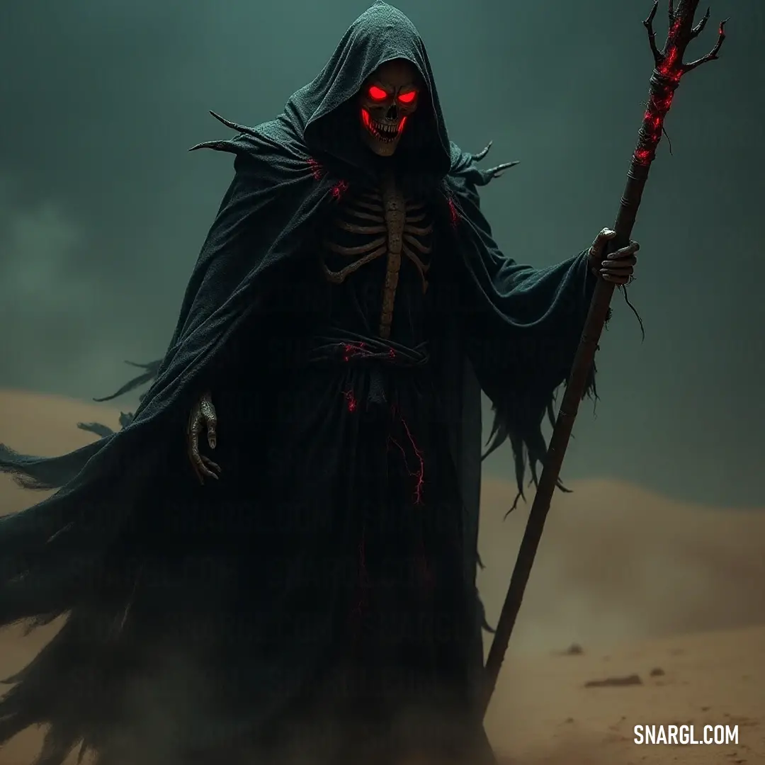 In a barren desert landscape, Grimter, a figure cloaked in mystery, holds a sculler staff while the dark sky looms ominously above, invoking a sense of solitude and the stark contrast between life and lifelessness.