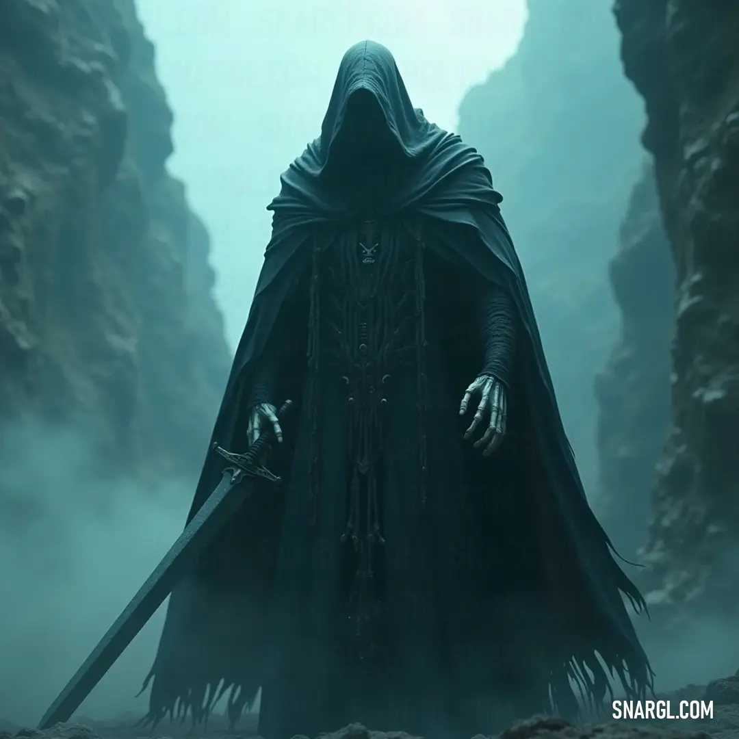A mysterious cloaked figure, bearing a sword, stands in a foggy cave surrounded by ominous rocks, embodying a sense of danger and intrigue in the depths of darkness. A dark figure, cloaked in shadows, wields a glimmering sword as he stands amidst an eerie cave shrouded in thick fog, with jagged rocks scattered across the damp ground, creating an atmosphere of mystery and foreboding.