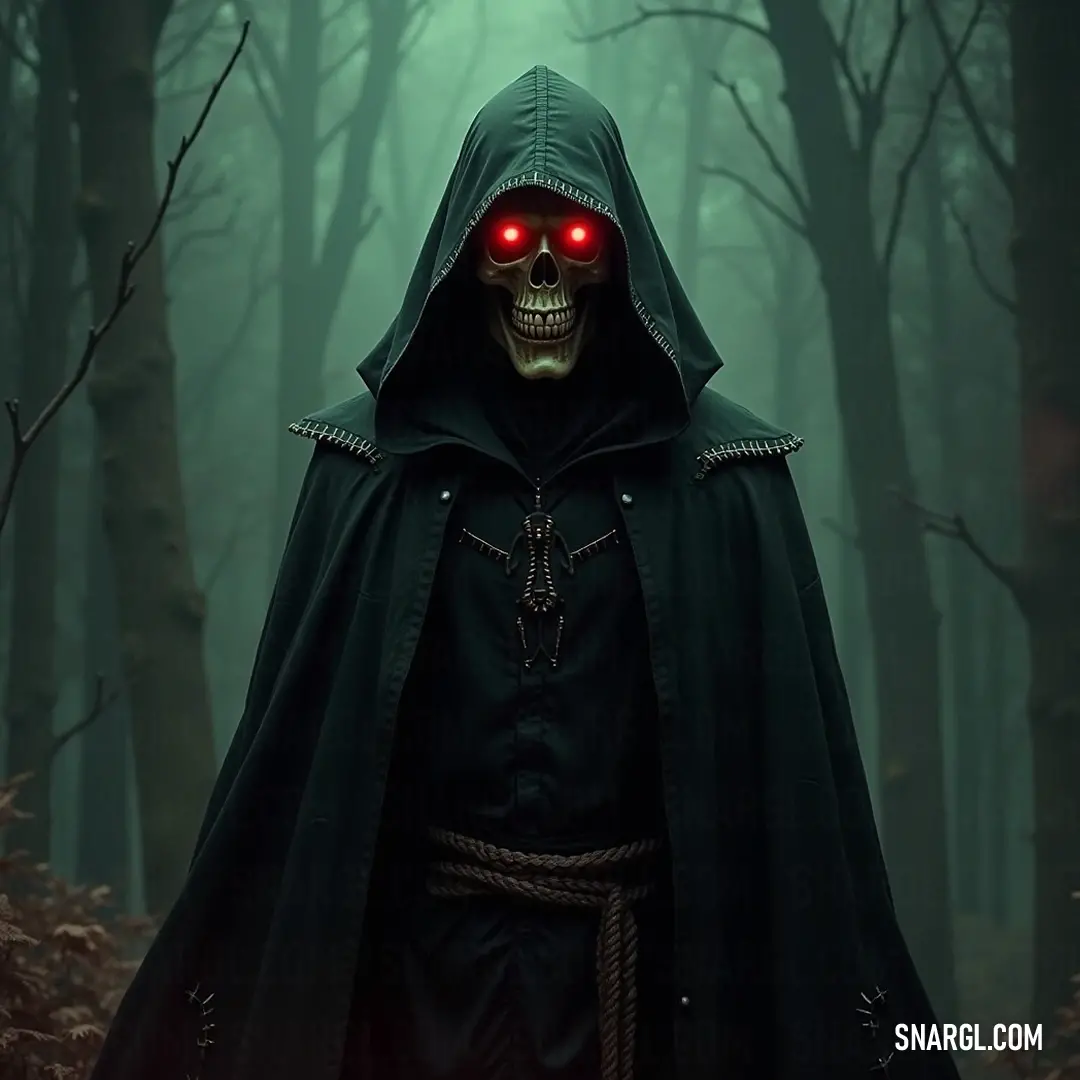 A hooded entity with glowing red eyes prowls a mystical nighttime forest, fog swirling through the trees, creating an air of suspense and ancient magic intertwined with nature's allure. A sinister figure cloaked in shadow and adorned with glowing red eyes roams through an enchanted forest at night, surrounded by towering trees and lush grass, enveloped in a mystical fog that dances with the moonlight.