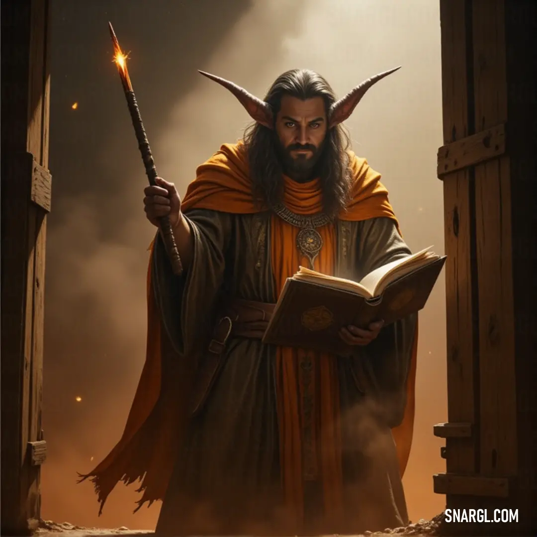 Math Mathonwy stands in a majestic doorway, his horns and ancient book hinting at the power he possesses. The doorway opens to an unknown world, full of secrets and lore. A mysterious figure, Math Mathonwy, stands tall in a grand doorway, horns protruding from his head. He holds an ancient book, ready to unlock forgotten knowledge, his powerful presence commanding the space around him.