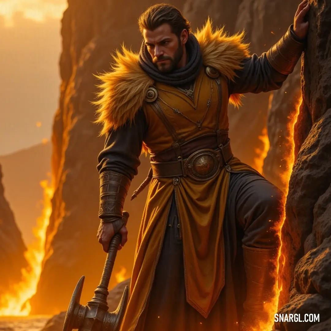 A bold figure in yellow, hammer in hand, confronts the rugged beauty of a majestic mountain backdrop, symbolizing resilience. A resilient character dressed in bold yellow gear stands bravely before a breathtaking mountain range, wielding a hammer and a rugged rock, embodying strength and determination amidst nature's splendor.