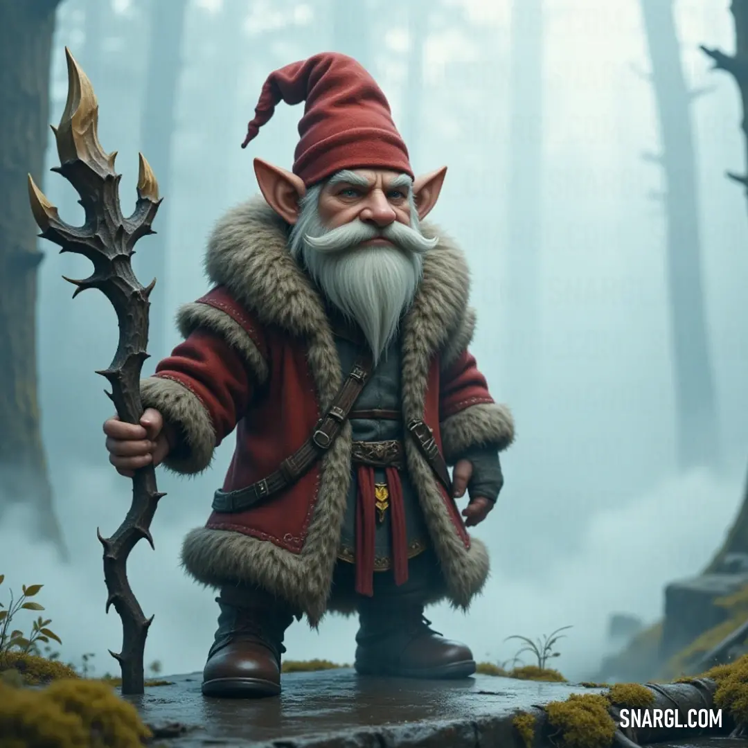 In a mystical forest shrouded in fog, Mats stands tall, beard flowing, a red hat perched upon his head, wielding a stick that resonates with ancient energy, embodying the spirit of wisdom and courage.