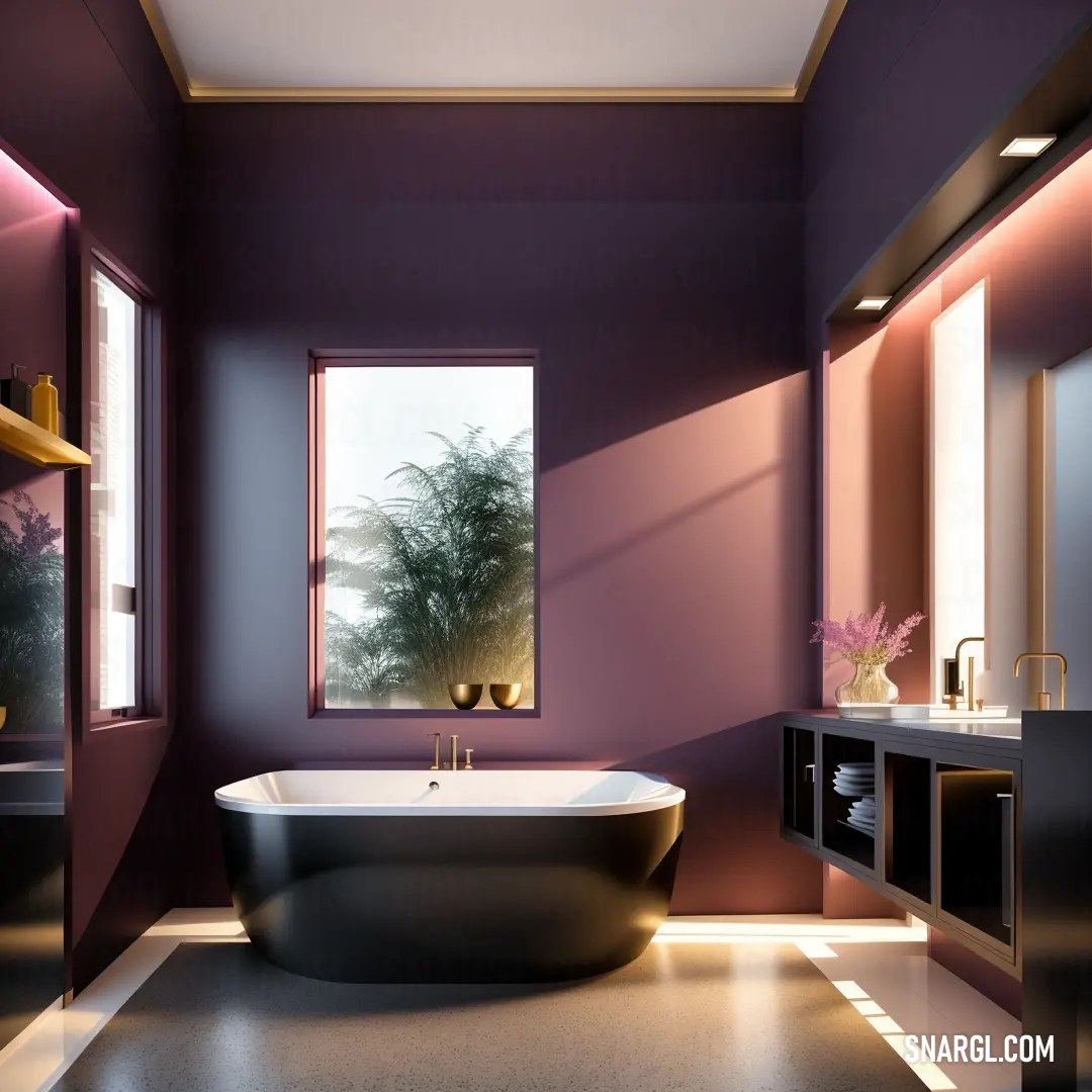 Bathroom with a bathtub and a sink and a window with a palm tree outside of it. Example of Mauve taupe color.