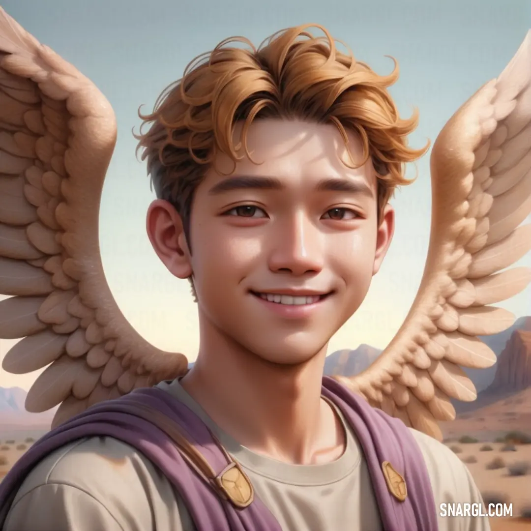 Digital painting of a young man with wings on his head and a desert background. Example of RGB 145,95,109 color.