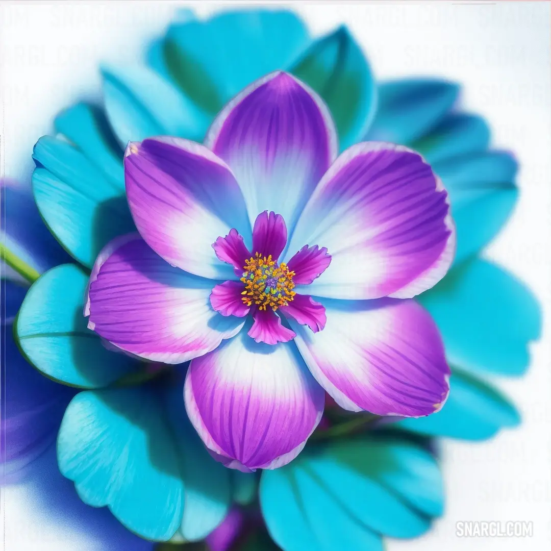 Flower with blue and purple petals on it's petals and leaves around it's center