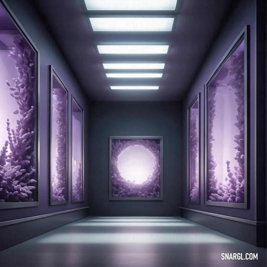 Mauve color. Long hallway with purple walls and a painting on the wall and a light fixture in the center of the room