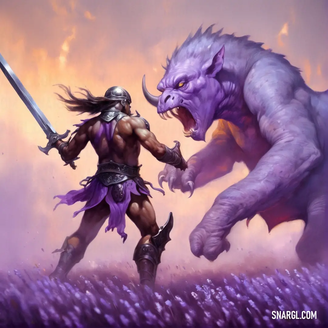 Man and a demon fighting in a field of lavenders with a dragon in the background