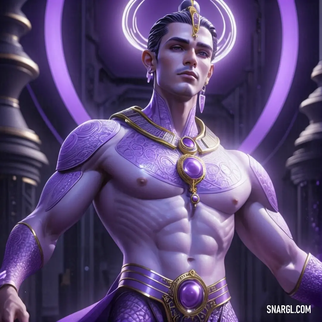 Man in a purple outfit with a halo around his head