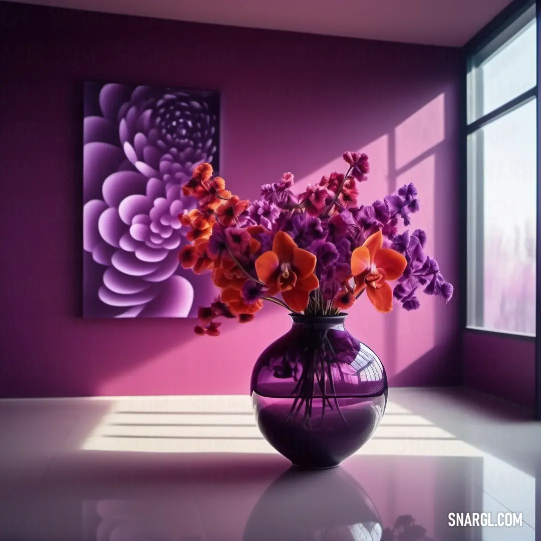 Vase filled with purple flowers on a table next to a window with a purple wall behind it. Color CMYK 12,31,0,0.