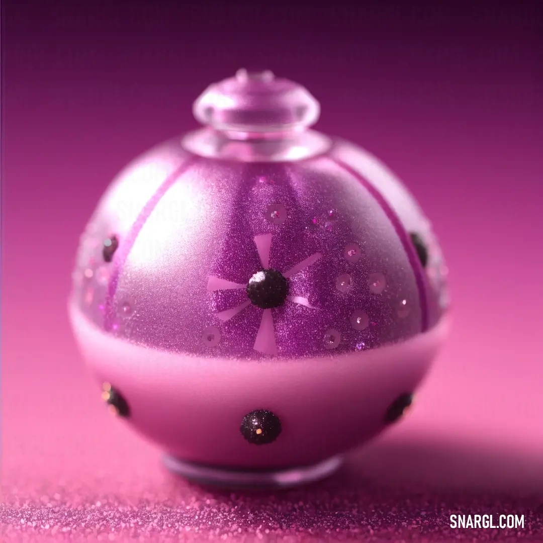 Pink and purple object with a flower on it's top and a black dot on the bottom