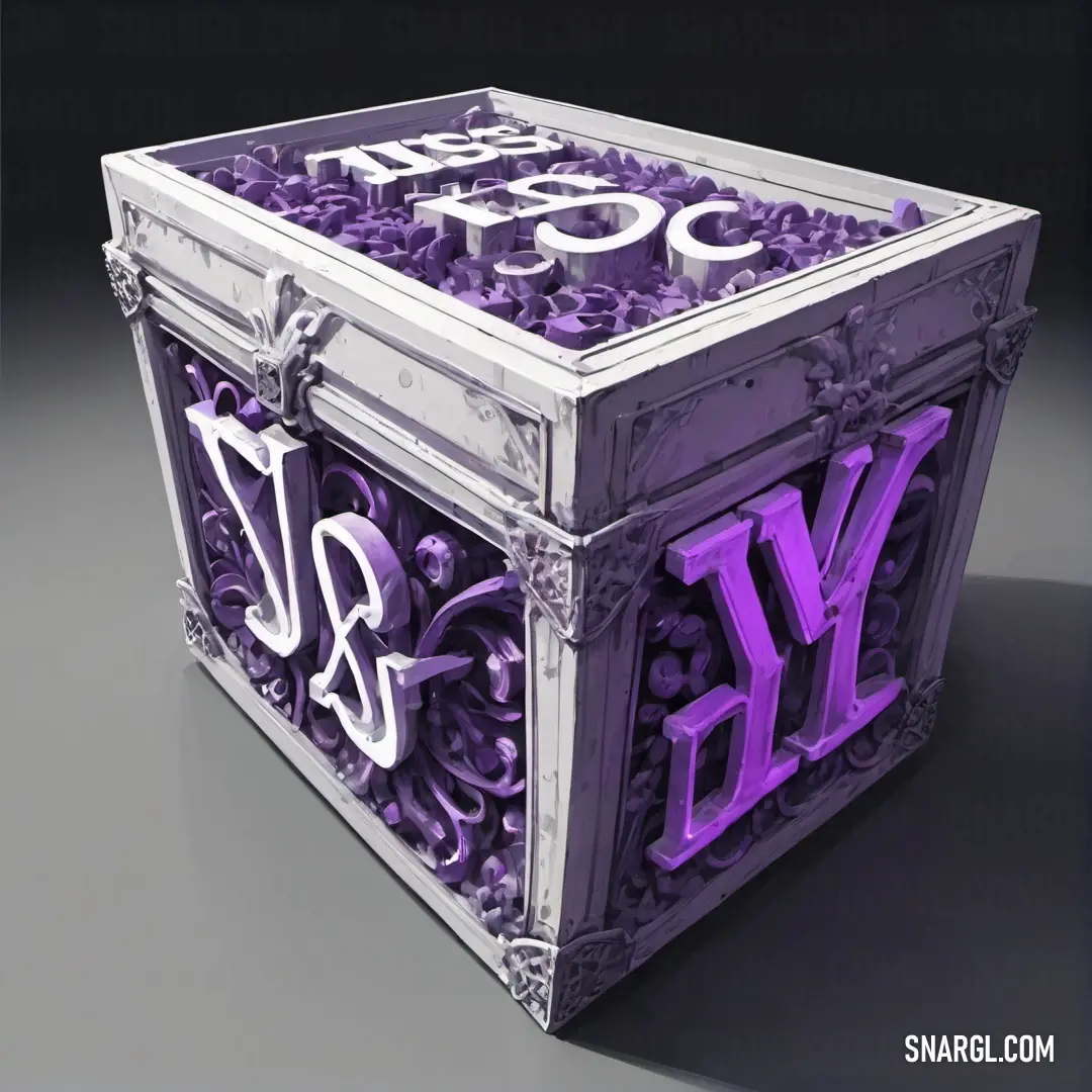 Purple and white box with letters and numbers on it's sides and a purple and white design on the front. Example of #E0B0FF color.