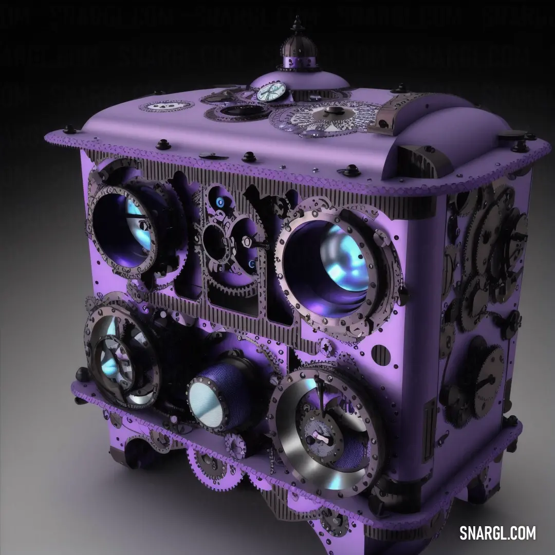 Purple box with gears and a clock on it's side and a black background. Color RGB 224,176,255.