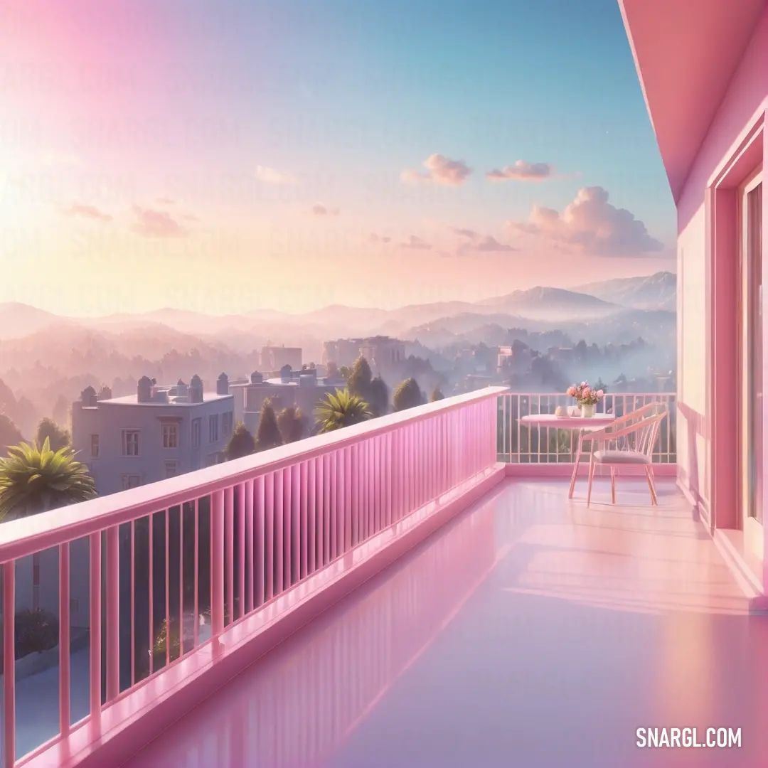 Mauvelous color. Balcony with a table and chairs overlooking a city skyline at sunset or sunrise with pink hues