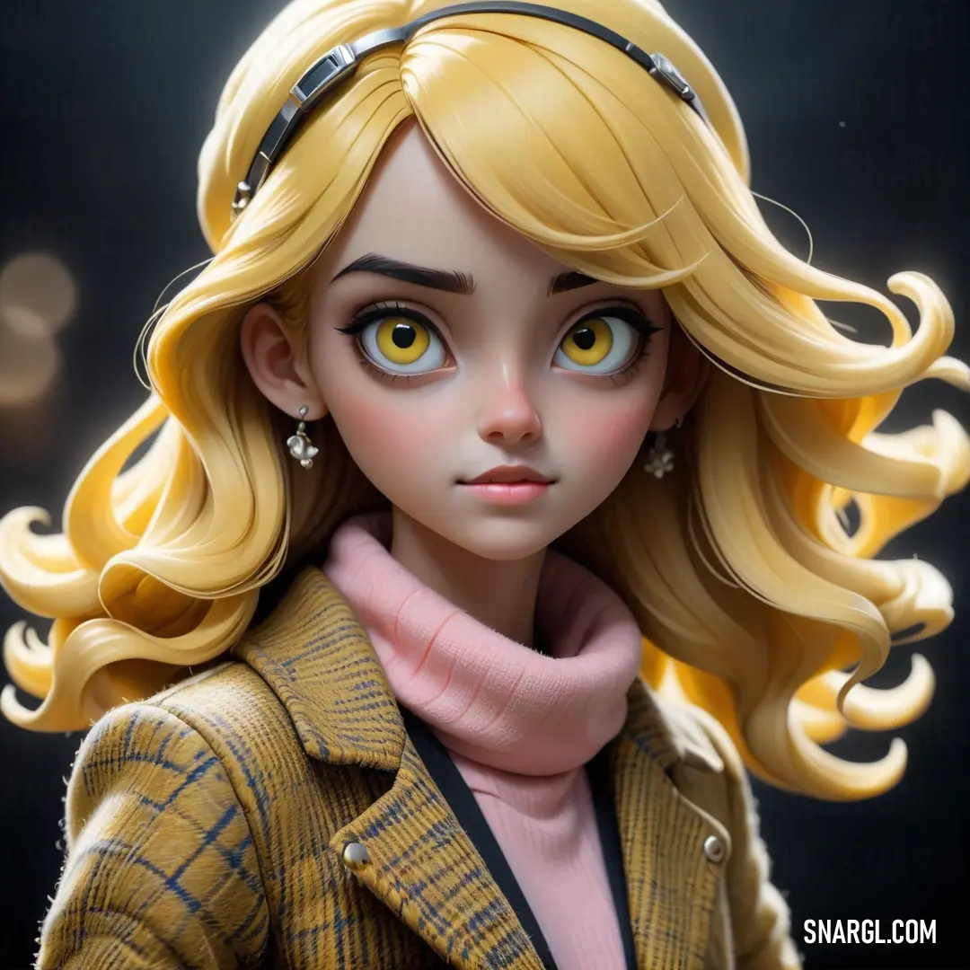 Doll with blonde hair and a pink scarf on her head and a black background. Example of RGB 239,152,170 color.