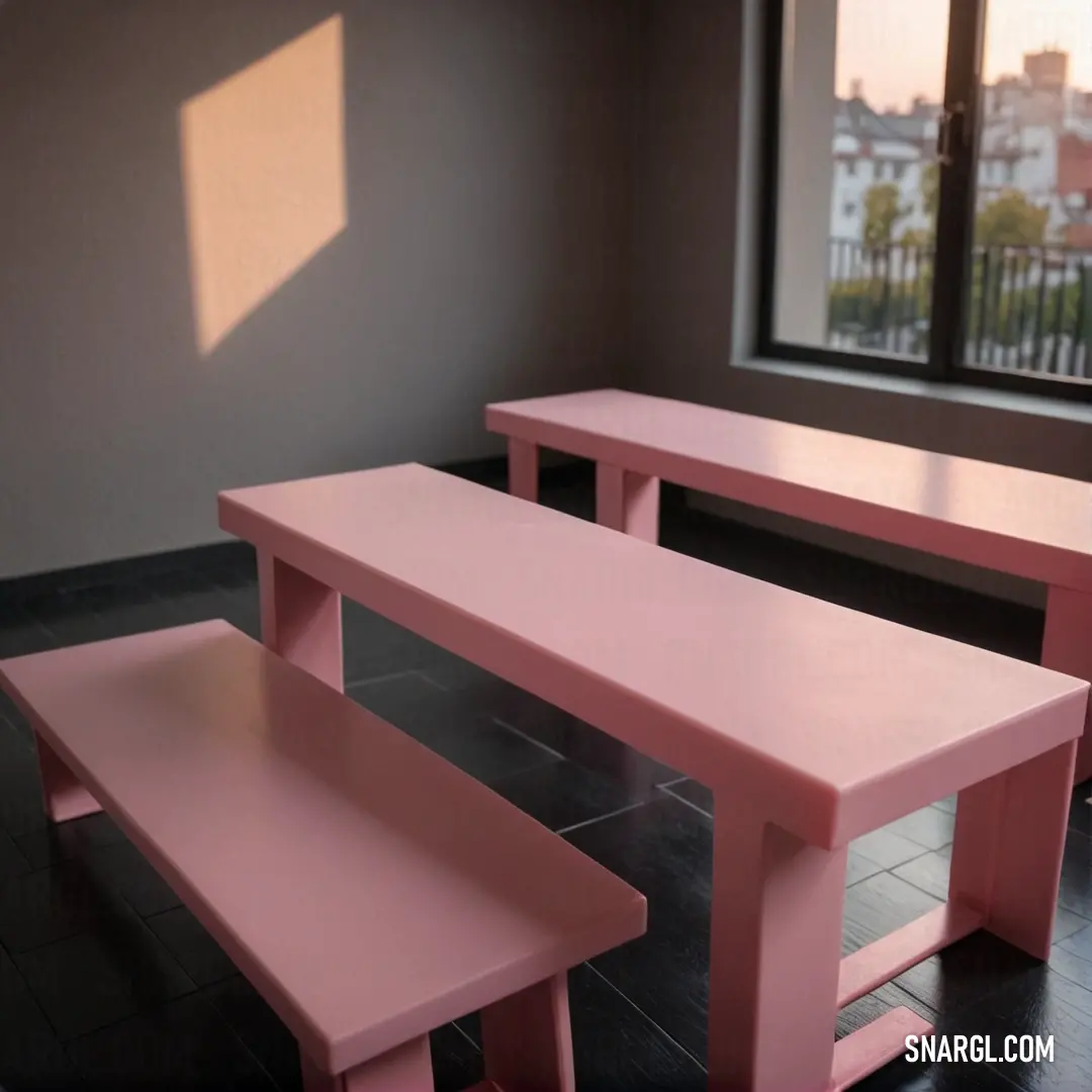 Pink table and bench in a room with a window and a city view in the background. Example of Mauvelous color.