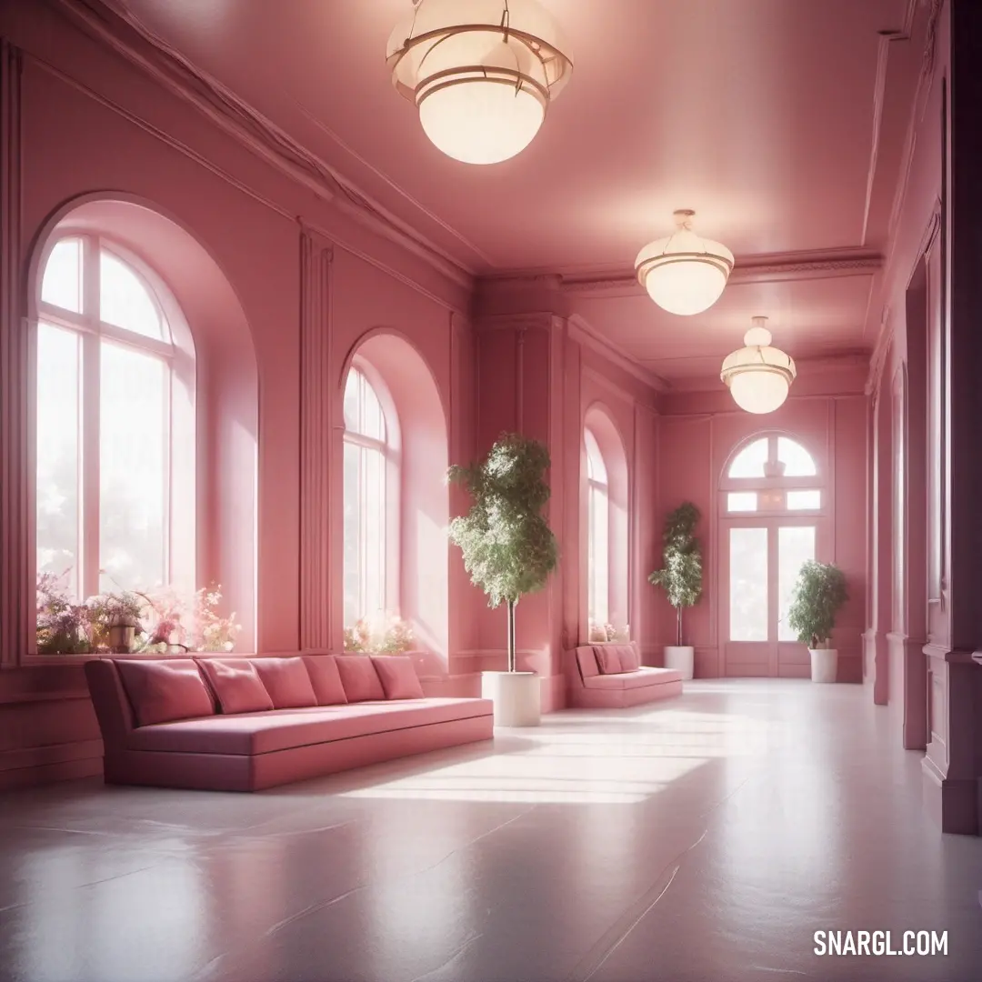 Room with a couch, windows and potted plants in it and a chandelier above. Color #EF98AA.