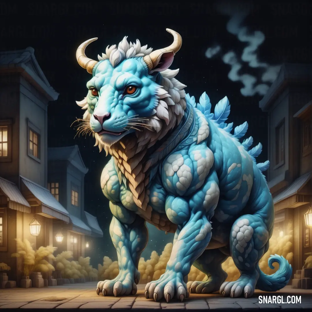 Blue dragon with horns and a collar on a street at night with a building in the background. Example of Maya blue color.