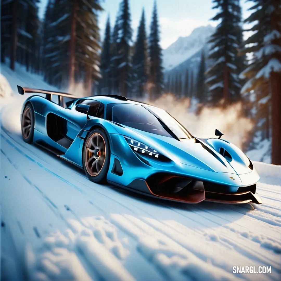 Blue sports car driving on a snowy road in the woods with trees in the background. Example of #73C2FB color.