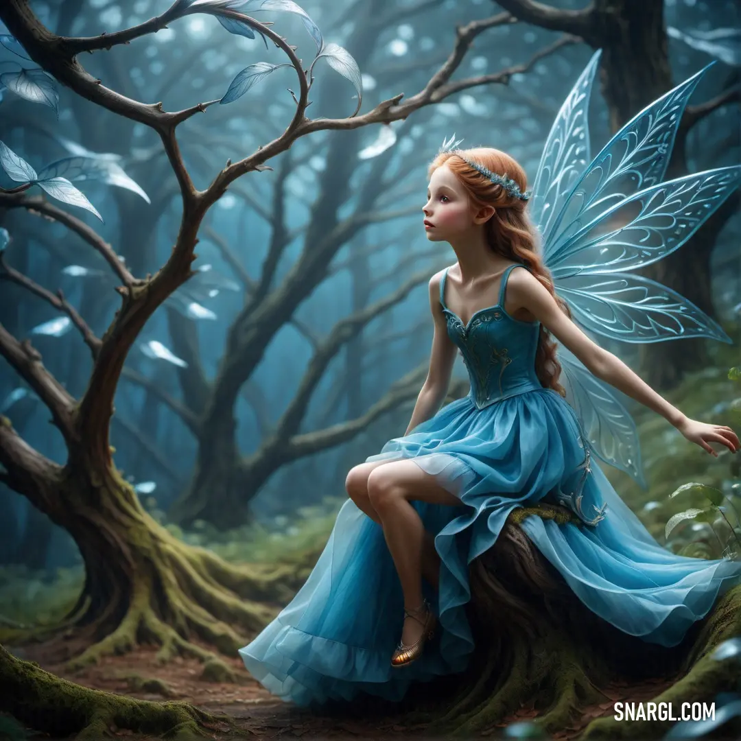 Fairy on a tree stump in a forest with a blue dress and wings on her back