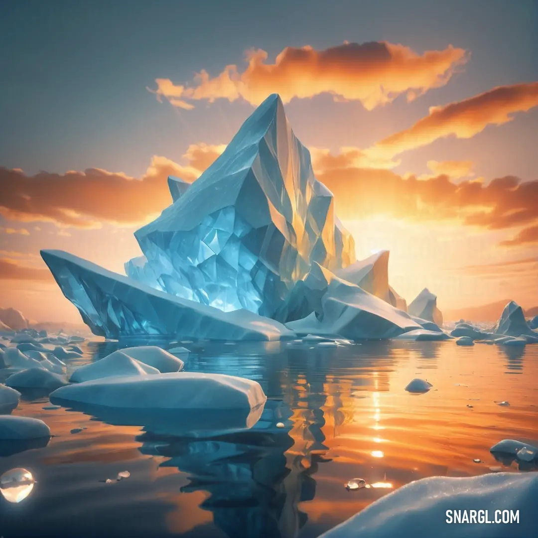 Large iceberg floating in the ocean at sunset with a sun setting behind it and a few icebergs floating in the water