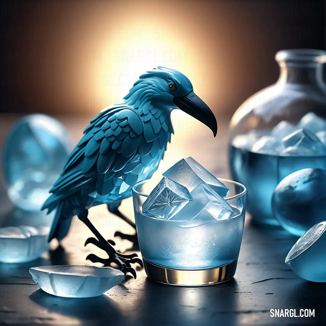 Blue bird on top of a glass filled with ice cubes and water in a vase next to a glass. Color CMYK 54,23,0,2.