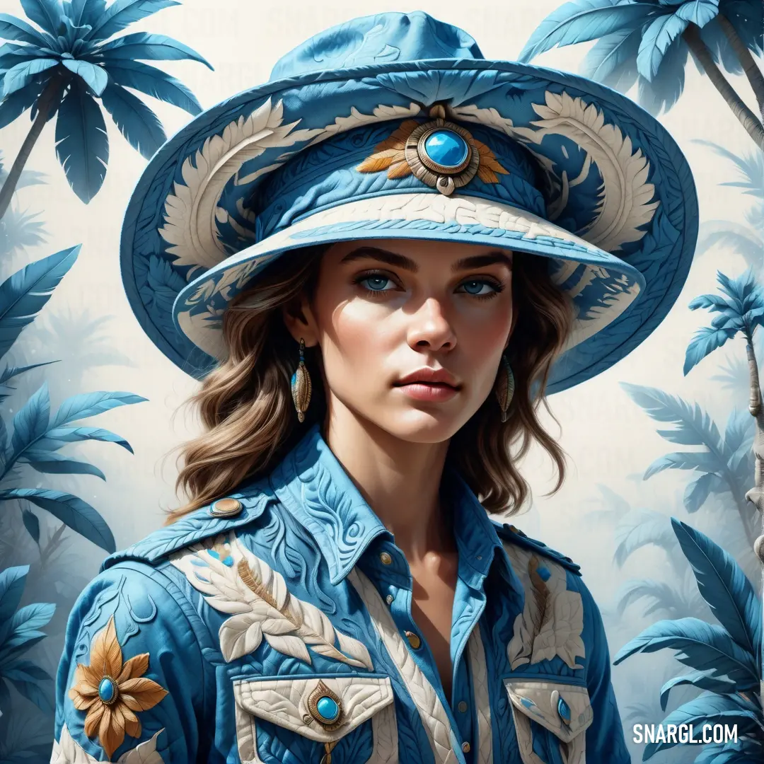 Painting of a woman wearing a blue hat and blue shirt with a flower on it. Color Maya blue.