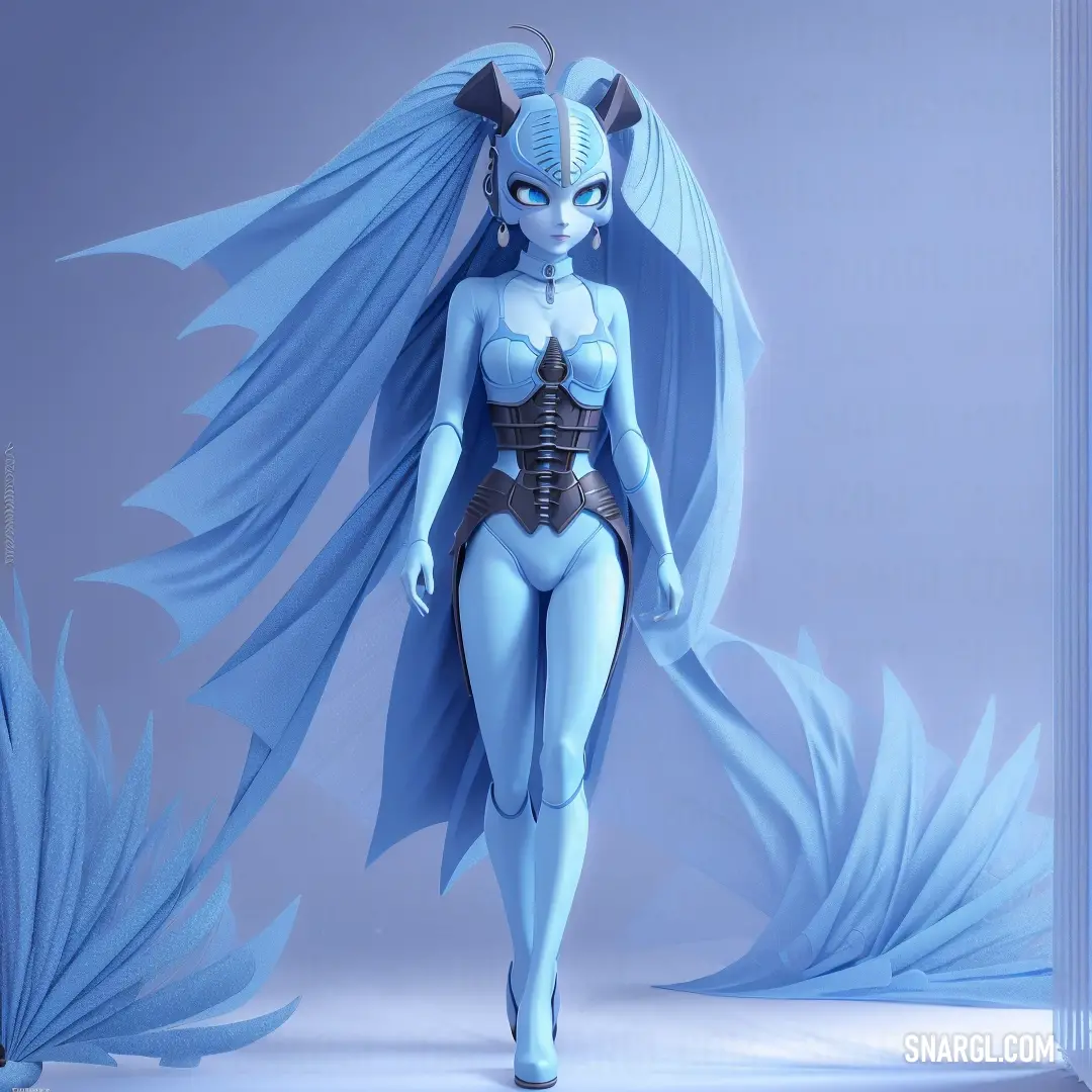 Woman in a blue costume with wings on her head and a body. Example of #73C2FB color.
