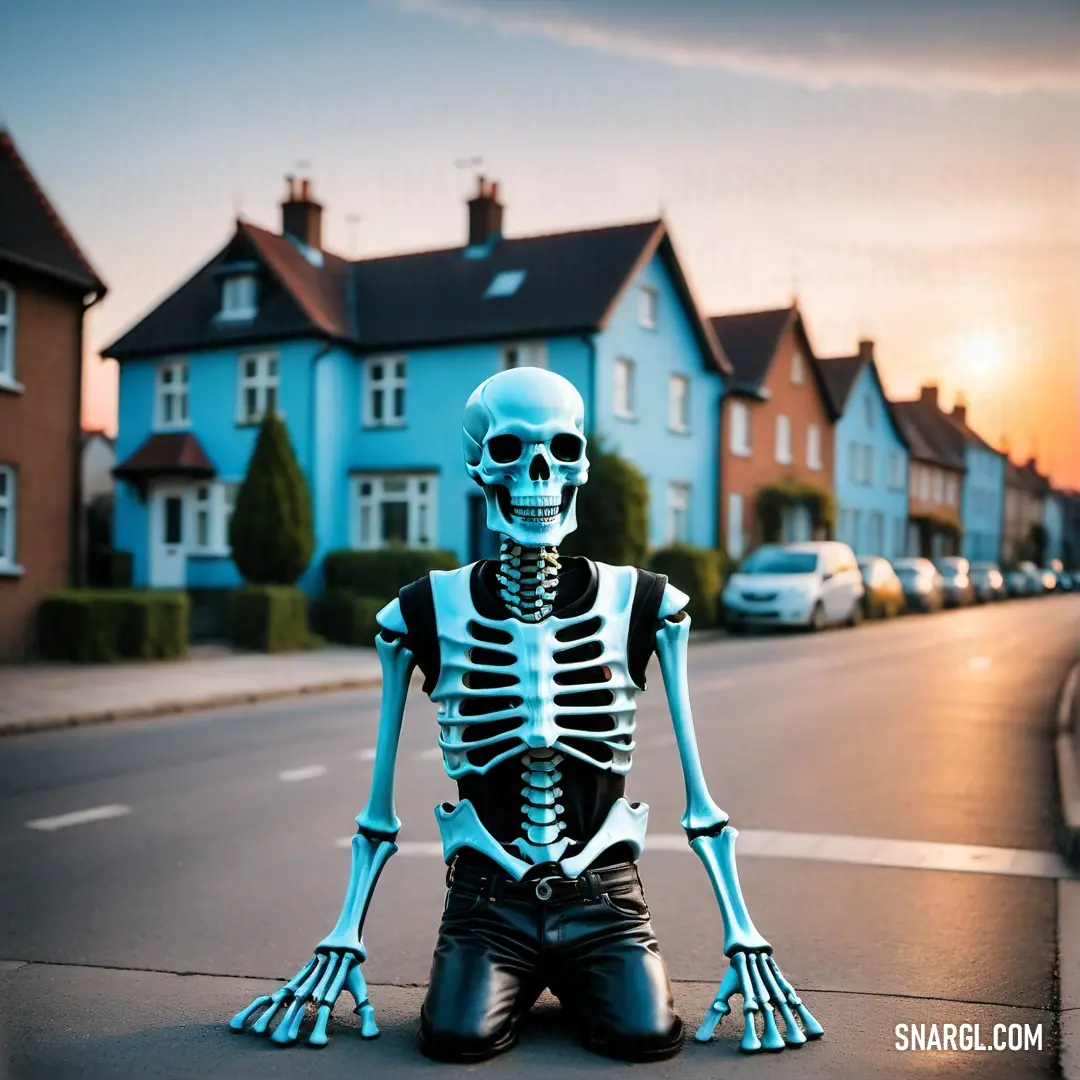 Skeleton on the side of a road in front of a house with a skeleton on it's legs. Example of RGB 115,194,251 color.