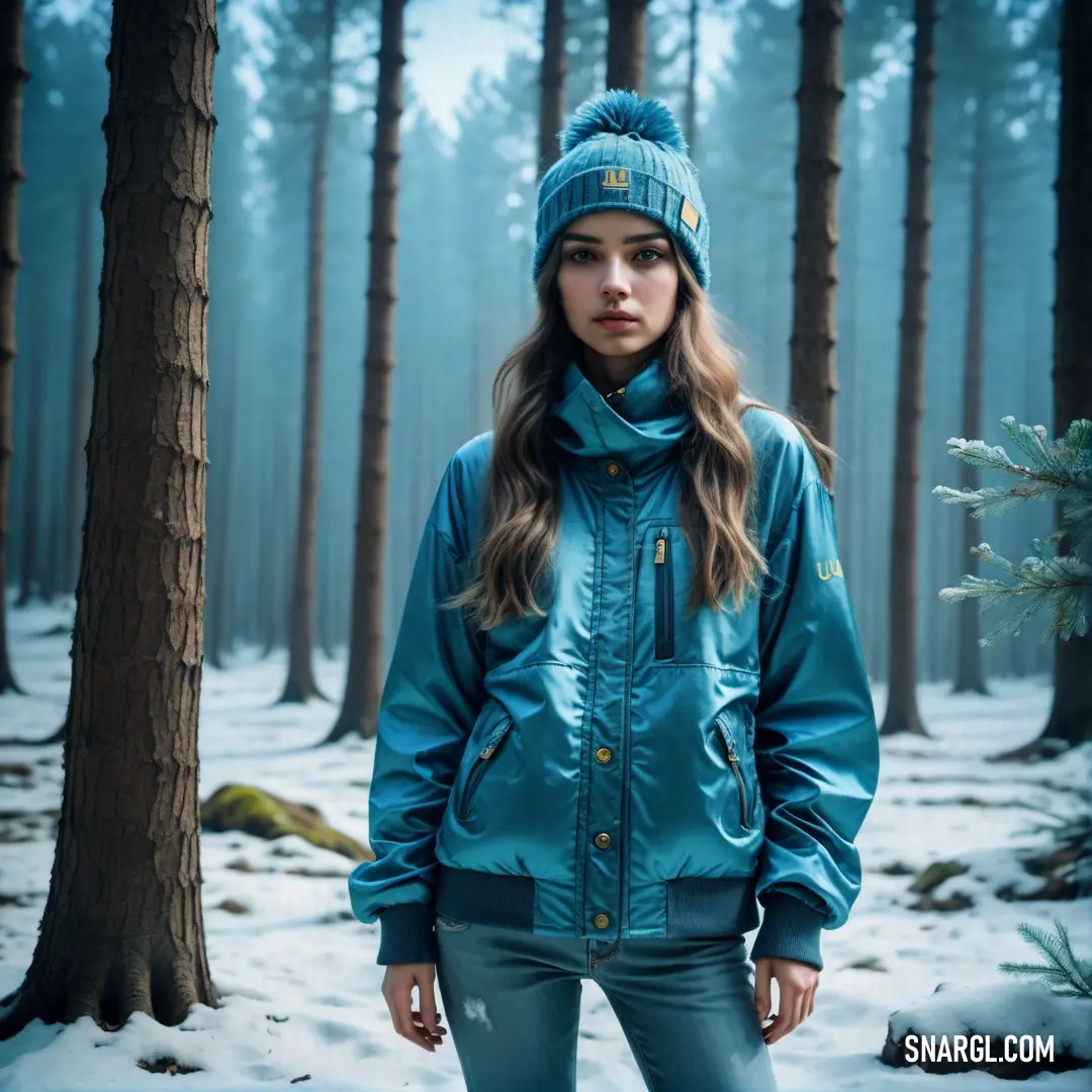 Woman standing in the snow in a forest wearing a blue jacket and a hat with a fur pom