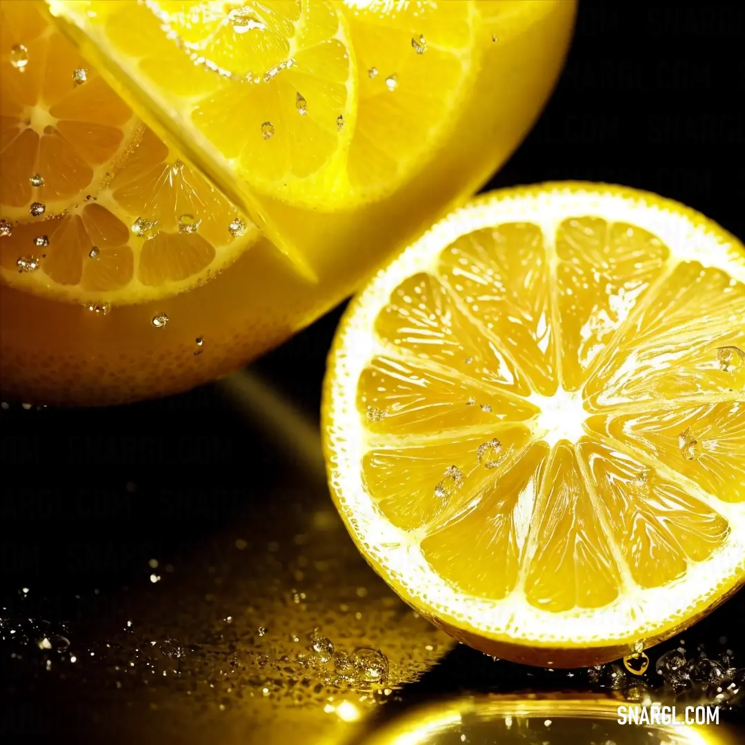 Close up of a sliced lemon on a table with water droplets on it and a black background