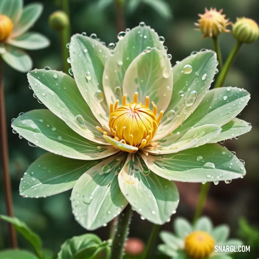 Large green flower with water droplets on it's petals and leaves around it's center. Example of Meat brown color.