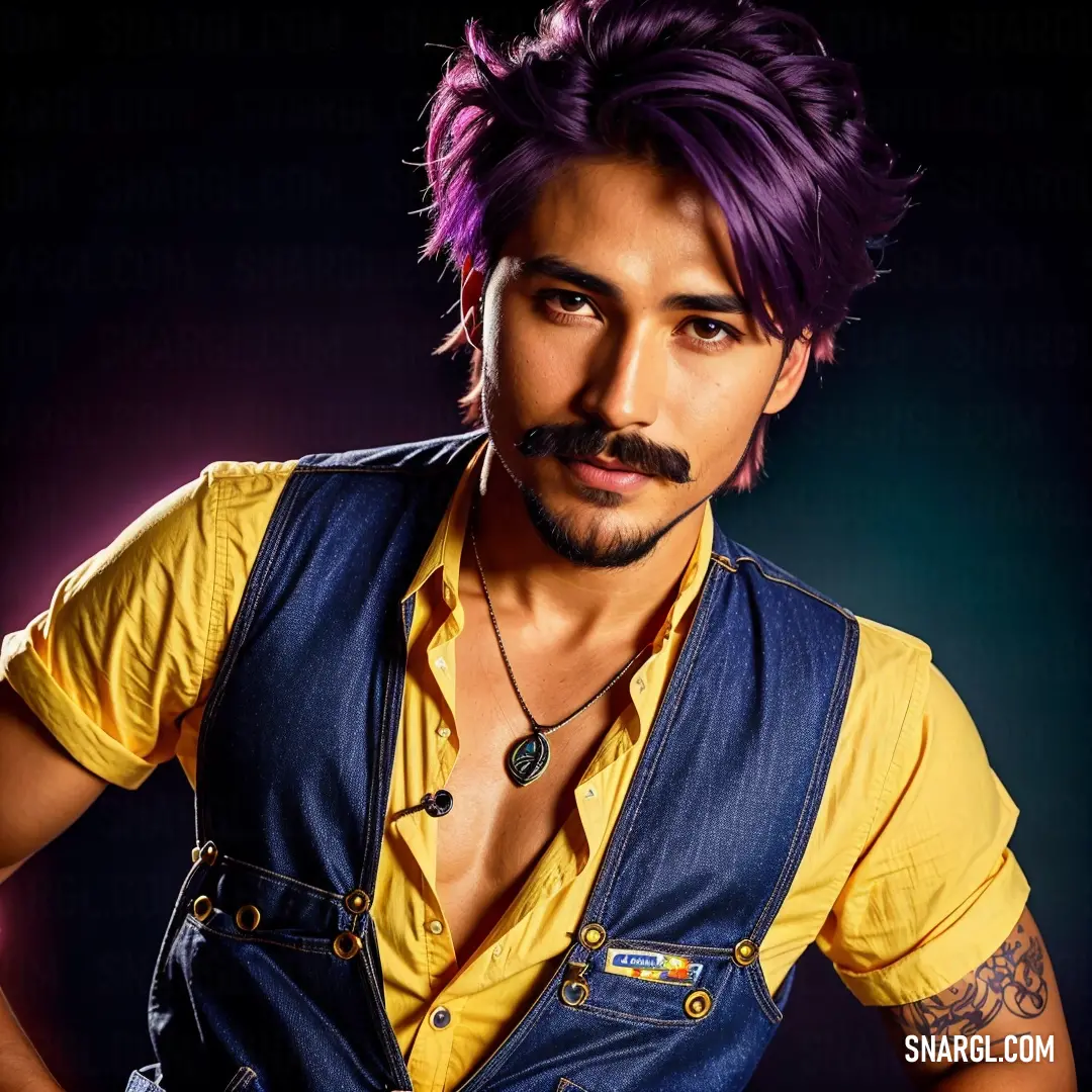 Man with purple hair and a mustache wearing overalls and a yellow shirt with a blue vest on