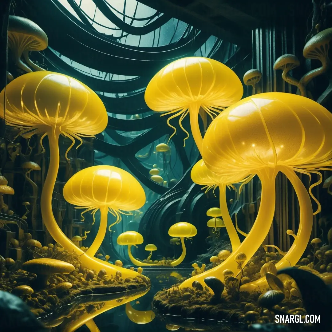 Painting of yellow jellyfish in a dark underwater scene with a stream of water running through it and a large clock in the background