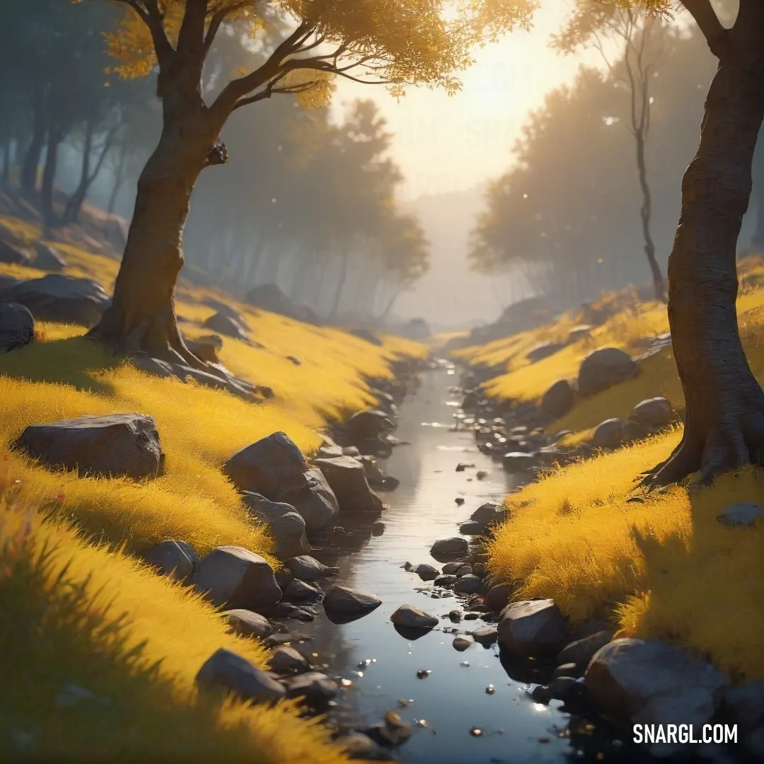 Stream running through a lush green forest next to a forest covered in yellow grass and trees with rocks. Example of CMYK 0,20,74,10 color.