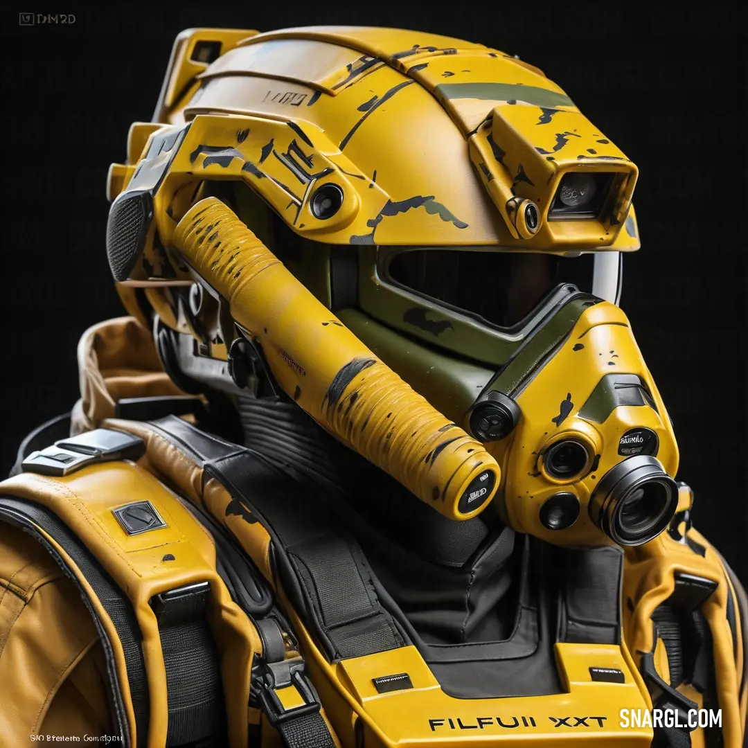 Meat brown color. Yellow helmet and goggles on a black background