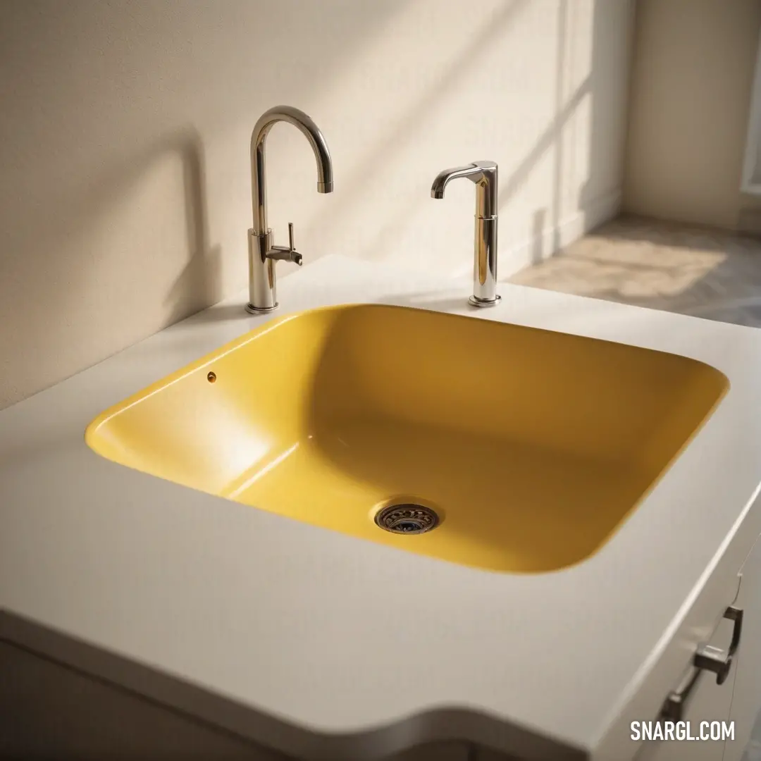 Yellow sink in a white bathroom with a window in the background. Color RGB 229,183,59.